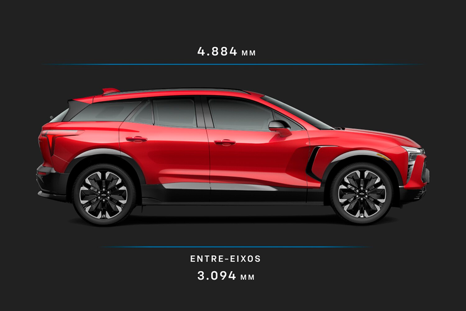 A SUV Blazer EV RS possui 3.09 metros entre-eixos e 4.88 metros de cumprimento